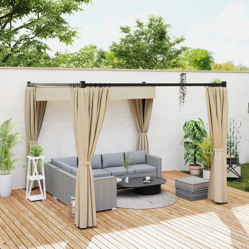 Outsunny 3 x 3m Retractable Roof Pergola, with Curtains - Khaki