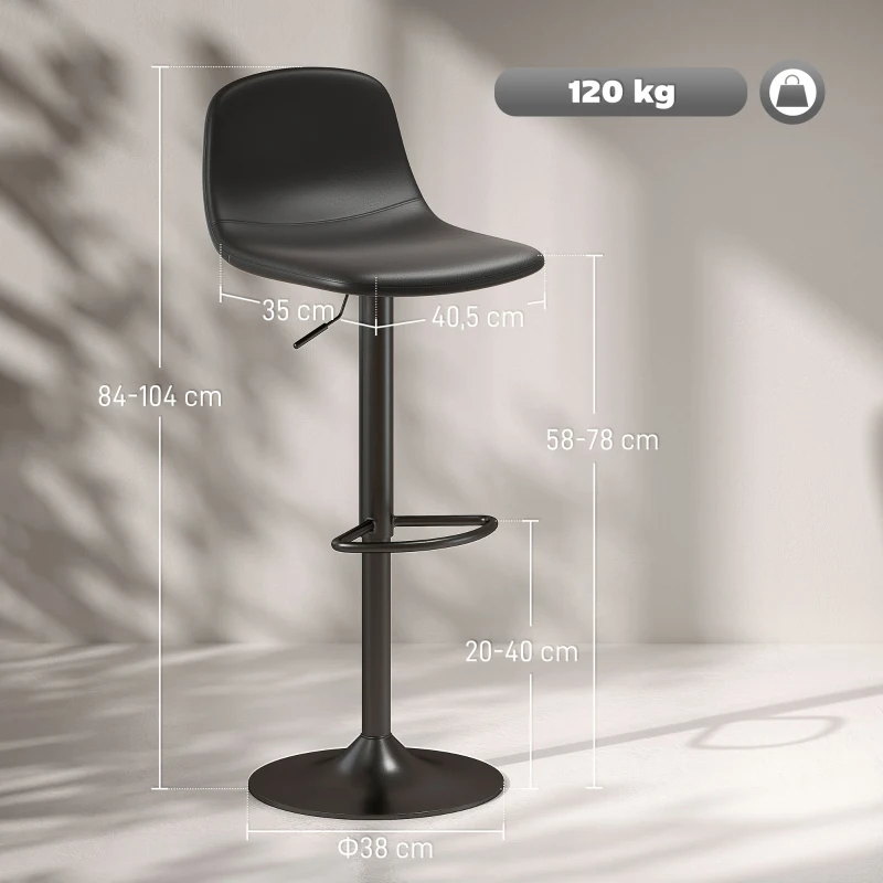 HOMCOM Conjunto 2 Taburetes Altos Ajustables 360° con Respaldo y Reposapiés para Cocina Bar o Comedor 40,5x44x84-104 cm Negro