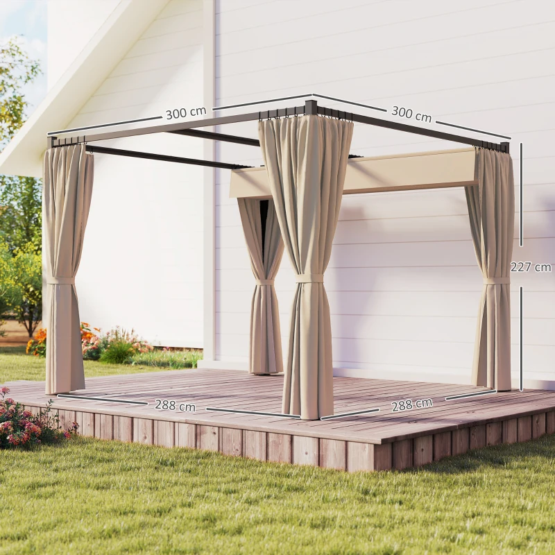 Outsunny 3 x 3m Retractable Roof Pergola, with Curtains - Khaki