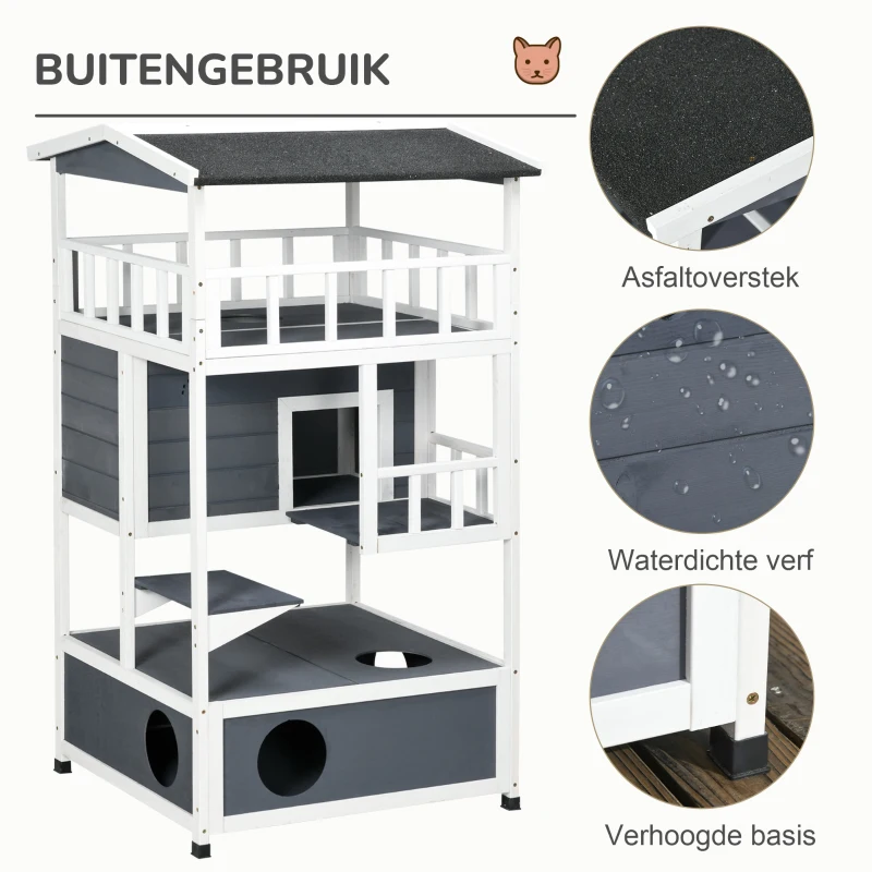 PawHut Kattenhuis voor buiten 4 Verdiepingen Met Balkon Asfaltdak Hout voor Dierenliefhebbers Grijs(m-6)