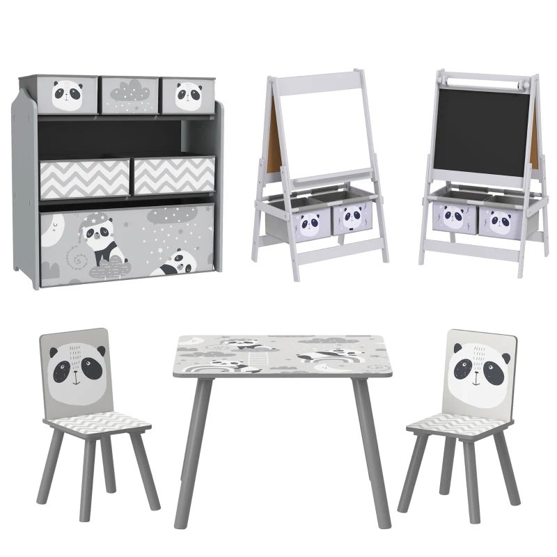 ZONEKIZ Kids Table and Chairs, Kids Storage Unit and Kids Easel Set, Cute Animal Design Kids Activity Furniture Set for Ages 3-8 Years, Grey