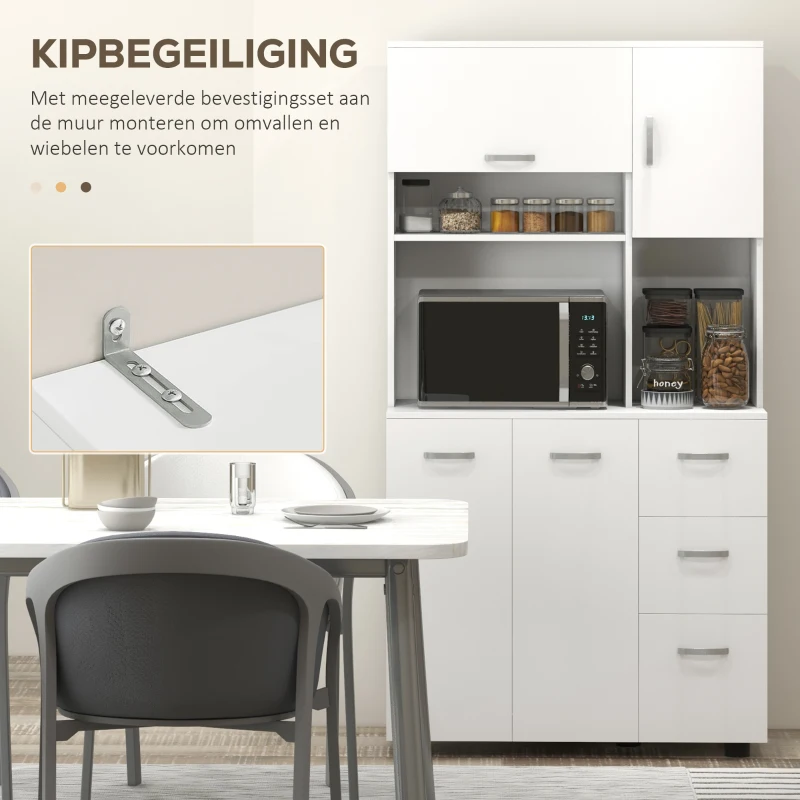HOMCOM Keukenkast, Buffet, 3 Laden, 3 Planken, Veel Opbergruimte, 89x39,5x168cm, Wit(m-7)
