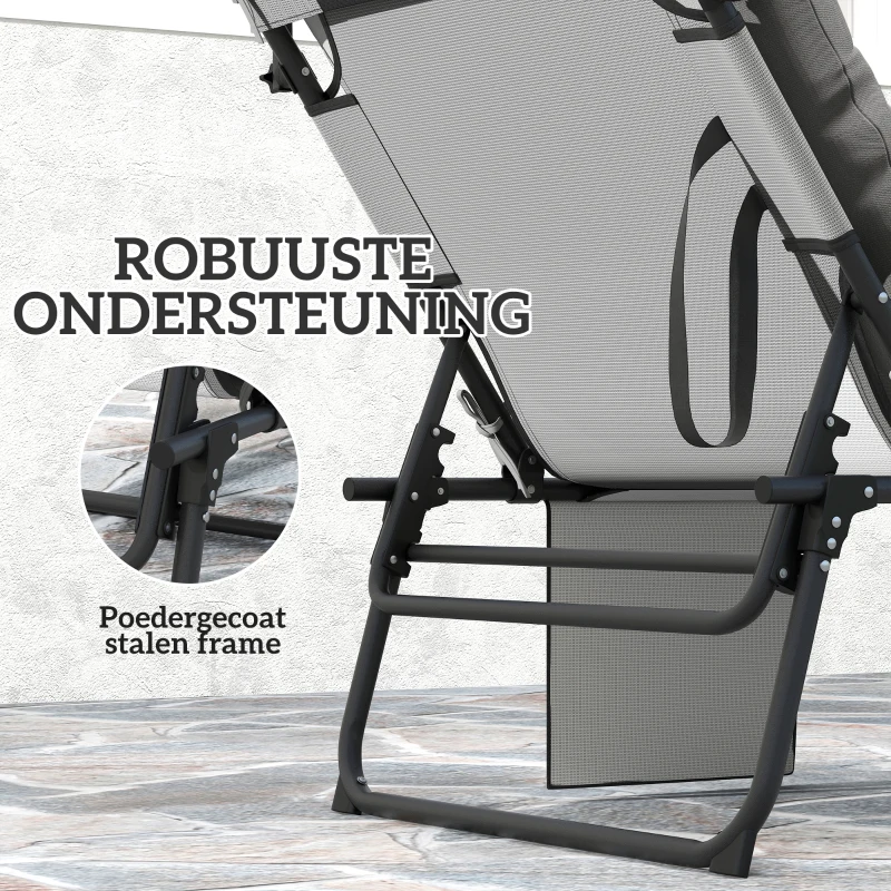 Outsunny Opvouwbare Tuinligstoel met Zonnedak en Matrasje, Ligstoel met 4 Standen Verstelbare Rugleuning Lichtgrijs