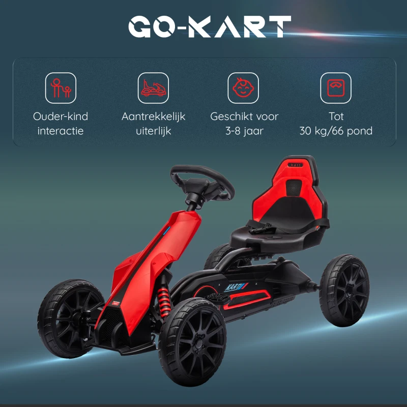 HOMCOM Go-Kart Pedal Go-Kart met Achteruit- en Vooruitversnelling, voor Kinderen van 3 tot 8 Jaar, Rood+Zwart(m-4)