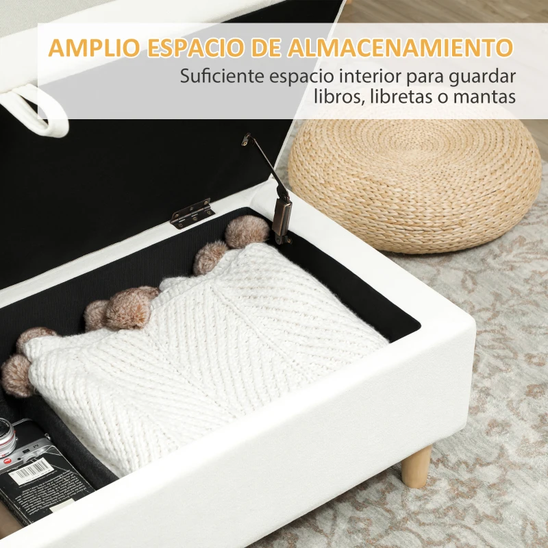 HOMCOM Banco de Almacenamiento Baúl Tapizado de Terciopelo con Patas de Madera Capacidad 71L 100x50x43 cm Blanco Crema