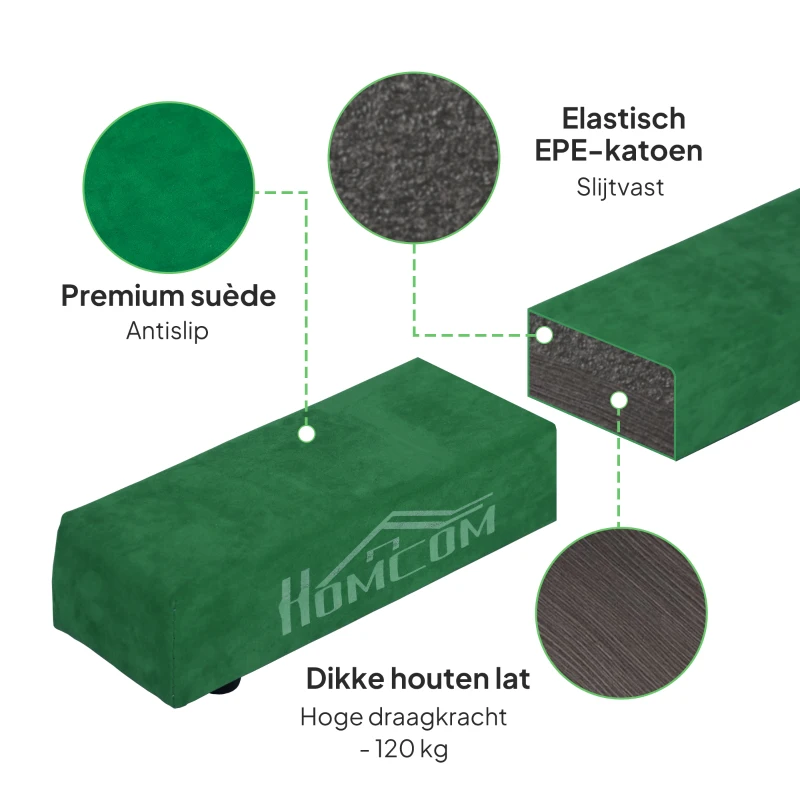 HOMCOM Opvouwbare Evenwichtsbalk, Antislip, Suèdebekleding, Robuust Hout, 210 x 10 x 6,5 cm, Groente(m-4)