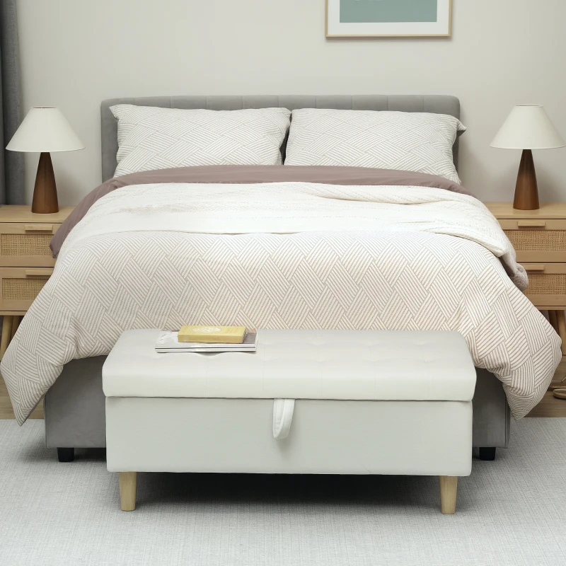 HOMCOM Banc Pouf de Rangement, Pieds en Bois, Revêtement en Tissu Doux, Blanc Crème