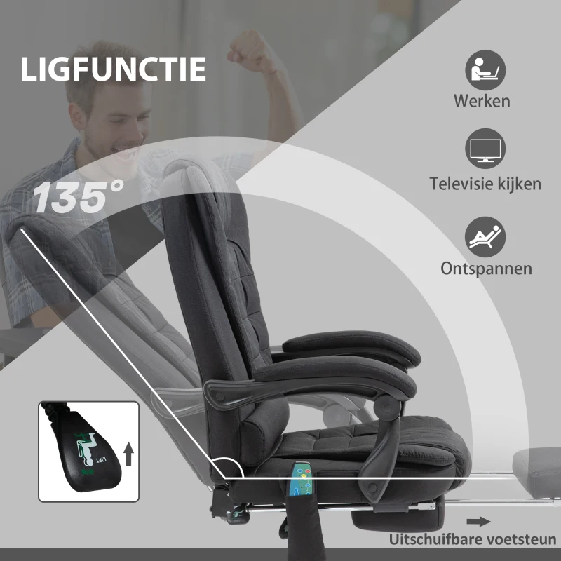Vinsetto Bureaustoel met Massage- en Verwarmingsfunctie, Ergonomisch, Hoogteverstelbaar, Zwart(m-5)