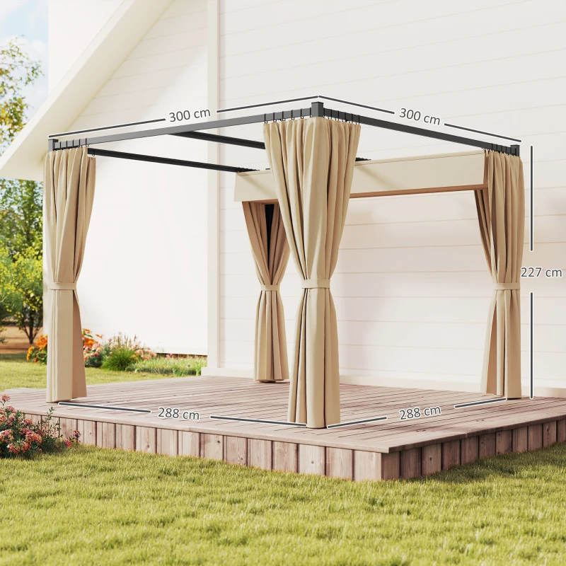 Outsunny Pergola cu copertina retractabila si perdele, Bej(m-3)