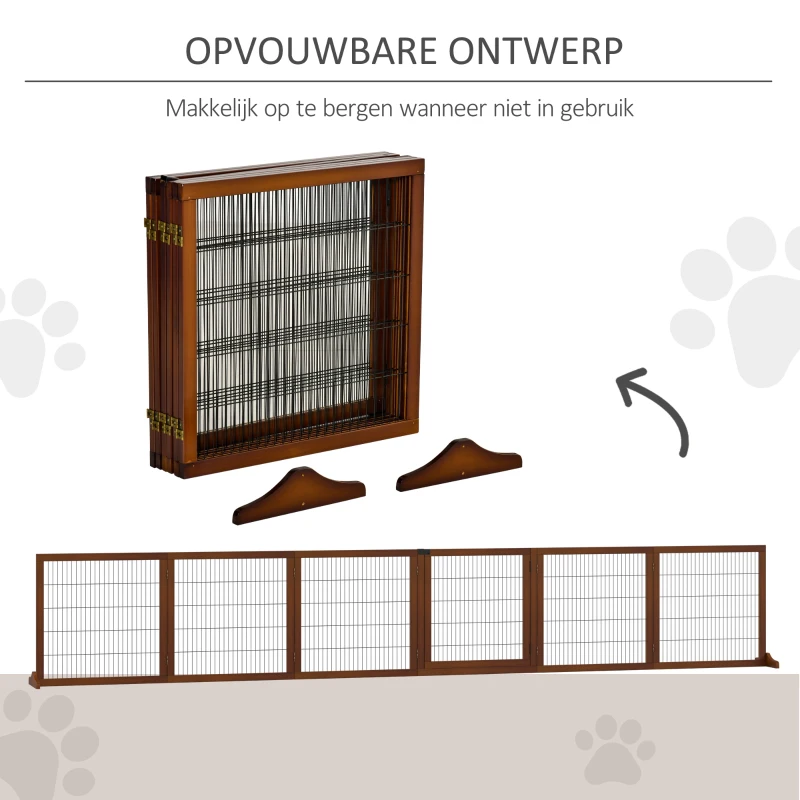 PawHut Hondenveiligheidshek, Opvouwbaar, Grenenhout, 432 x 36 x 70 cm, in Koffiekleur(m-7)