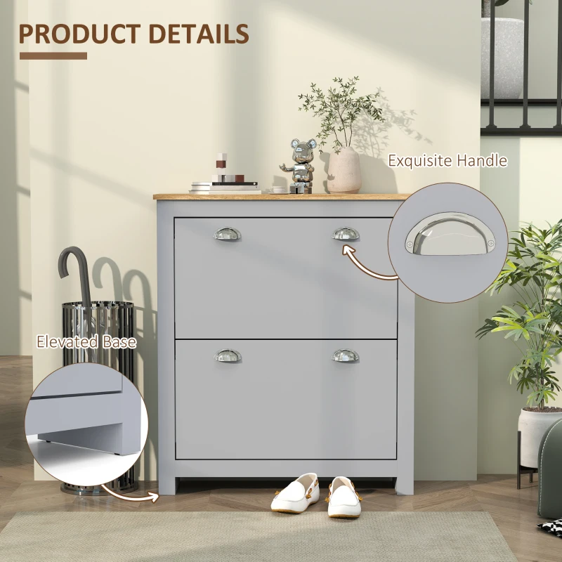 HOMCOM 2 Drawer Shoe Cabinet Modern Narrow Shoe Cupboard Hallway Wooden Storage Organiser with Flip Doors Adjustable Shelf for 6-12 Pairs, Grey