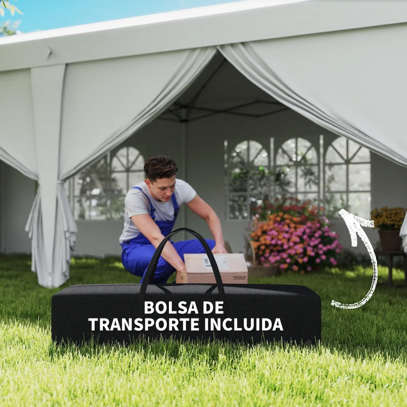 Outsunny Carpa Plegable 5,85x2,95x2,7 m con 4 Paneles 4 Ventanas 2 Puertas 1 Bolsa Anti-UV y 12 Orificios de Drenaje Blanco