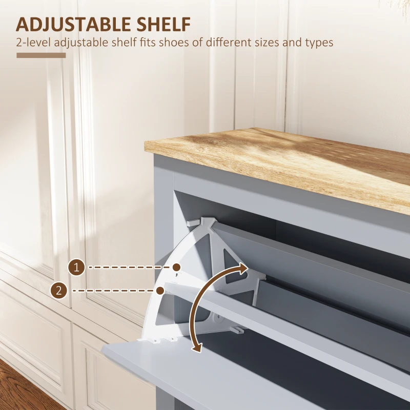 HOMCOM 2 Drawer Shoe Cabinet Modern Narrow Shoe Cupboard Hallway Wooden Storage Organiser with Flip Doors Adjustable Shelf for 6-12 Pairs, Grey