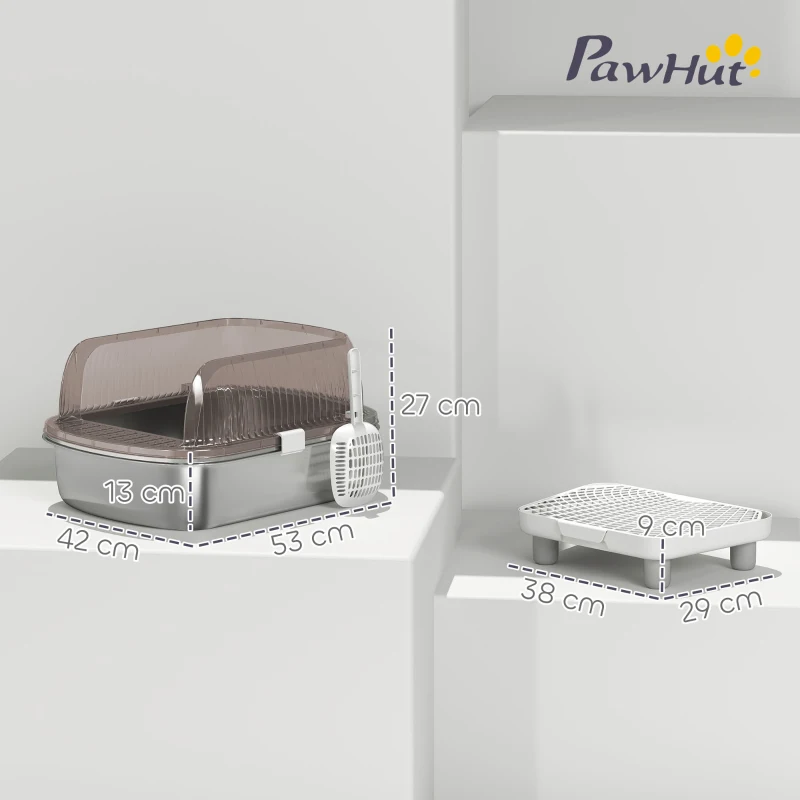PawHut Arenero para Gatos Cubierto con Bandeja de Acero Inoxidable Bordes Altos Pala Peldaño y Zona para Caída de Arena Gris