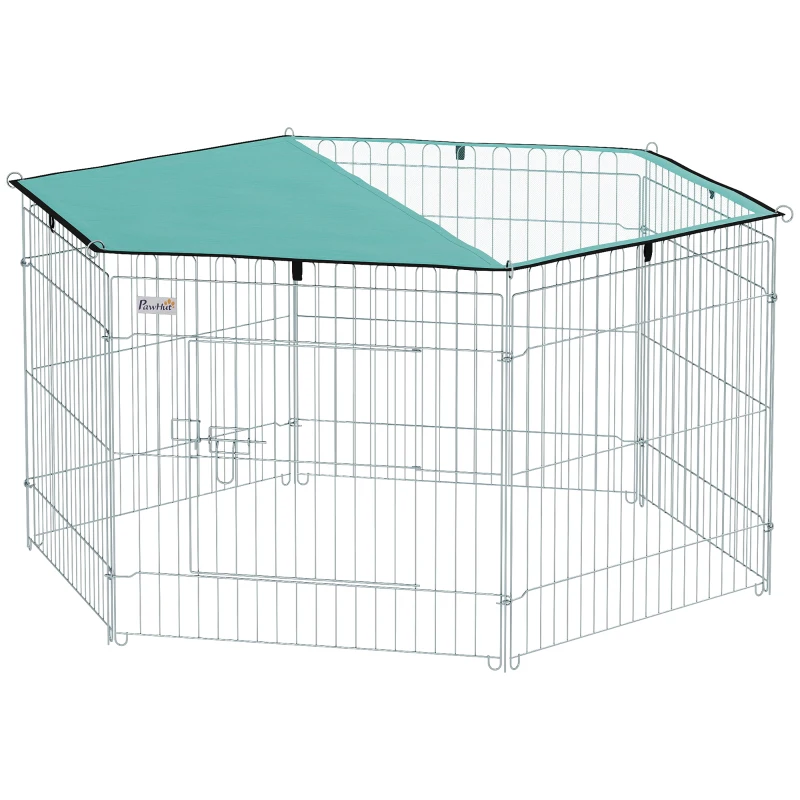 PawHut Parc enclos modulable acier 6 panneaux et 1 porte pour chiens lapins rongeurs petits animaux intérieur extérieur Ø 120 x 60 cm gris métal vert