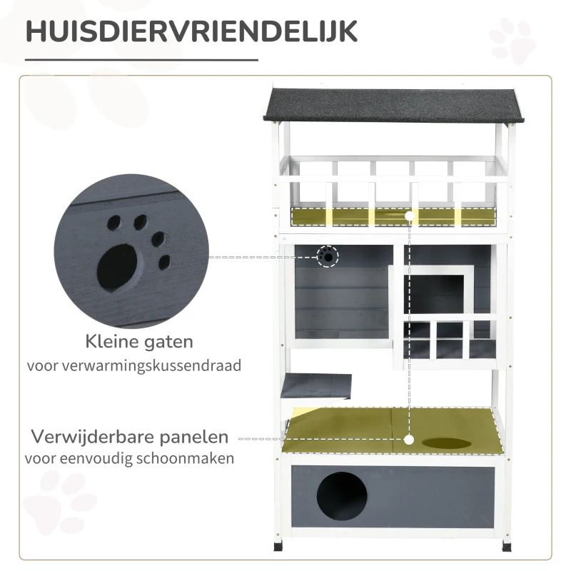 PawHut Kattenhuis voor buiten 4 Verdiepingen Met Balkon Asfaltdak Hout voor Dierenliefhebbers Grijs(m-7)