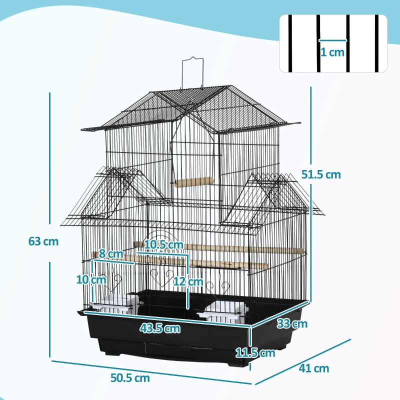 PawHut Metal Bird Cage with Plastic Swing Perch Food Container Tray Handle for Finch Canary Budgie 50.5 x 40 x 63cm Black
