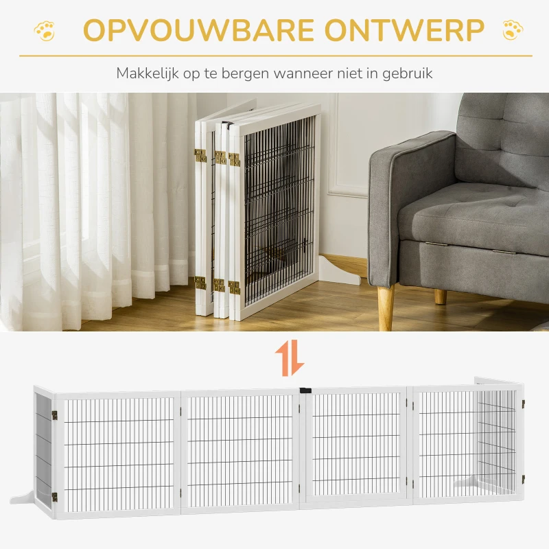 PawHut Veiligheidshek voor Honden, Opvouwbaar, 432 x 36 x 70 cm, Dennenhout, Wit(m-8)