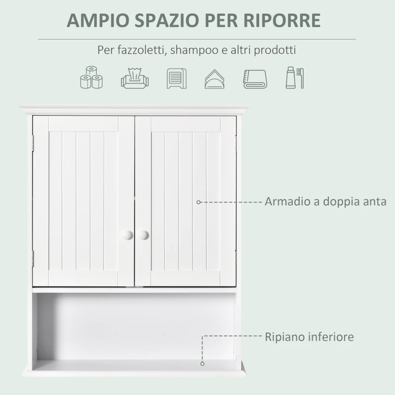 kleankin Mobile Bagno Sospeso con Armadietto a 2 Ante e Ripiano Aperto, Mensola Interna Regolabile, Bianco