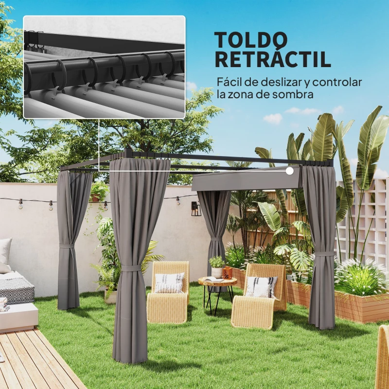 Outsunny Cenador para Exterior 3x3 m con Paredes Laterales y Techo Retráctil Marco Metálico Impermeable para Terraza Gris