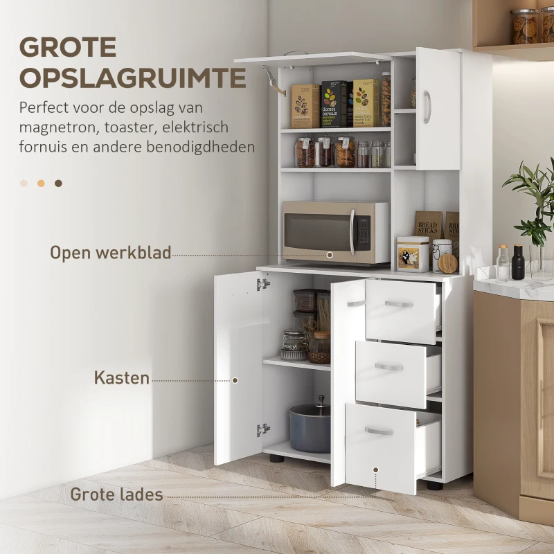 HOMCOM Keukenkast, Buffet, 3 Laden, 3 Planken, Veel Opbergruimte, 89x39,5x168cm, Wit(m-4)