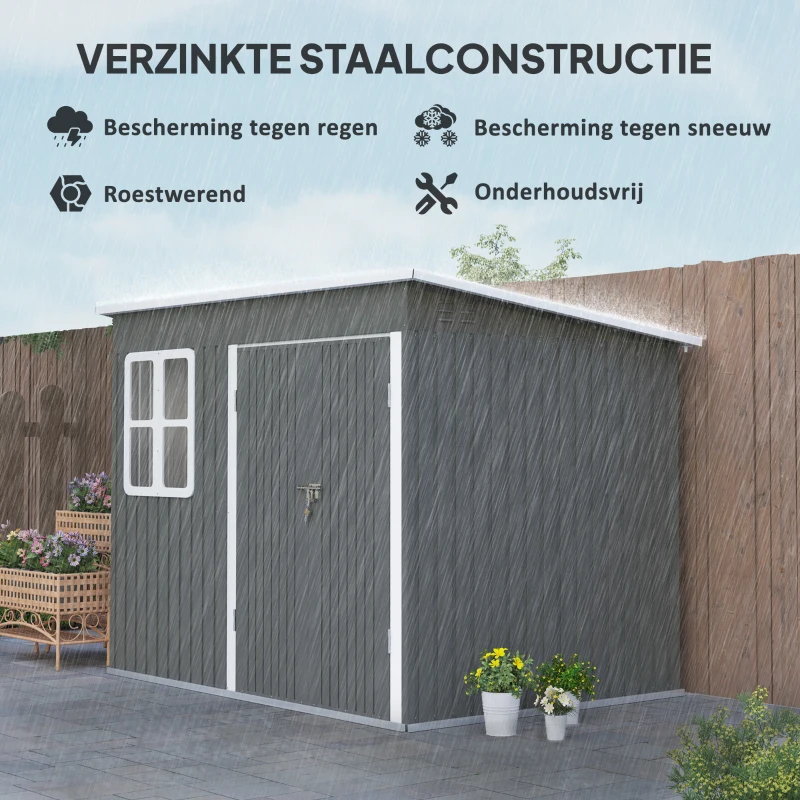Outsunny Metalen Tuinschuur voor Opslag van Tuingereedschap, met Venster, Brede Deur, 260 x 177 x 190 cm, Donkergrijs