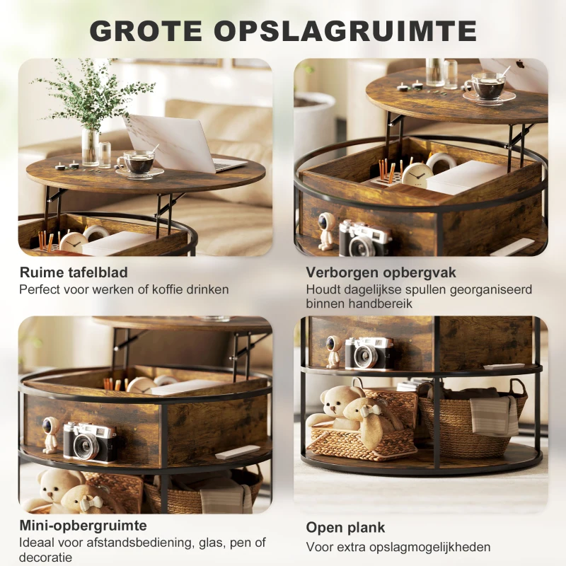 HOMCOM Ronde Koffietafel met Ophefbaar Tafelblad, Opbergruimte, Zijvakken, Stalen Frame, Salontafel, Bruin(m-5)