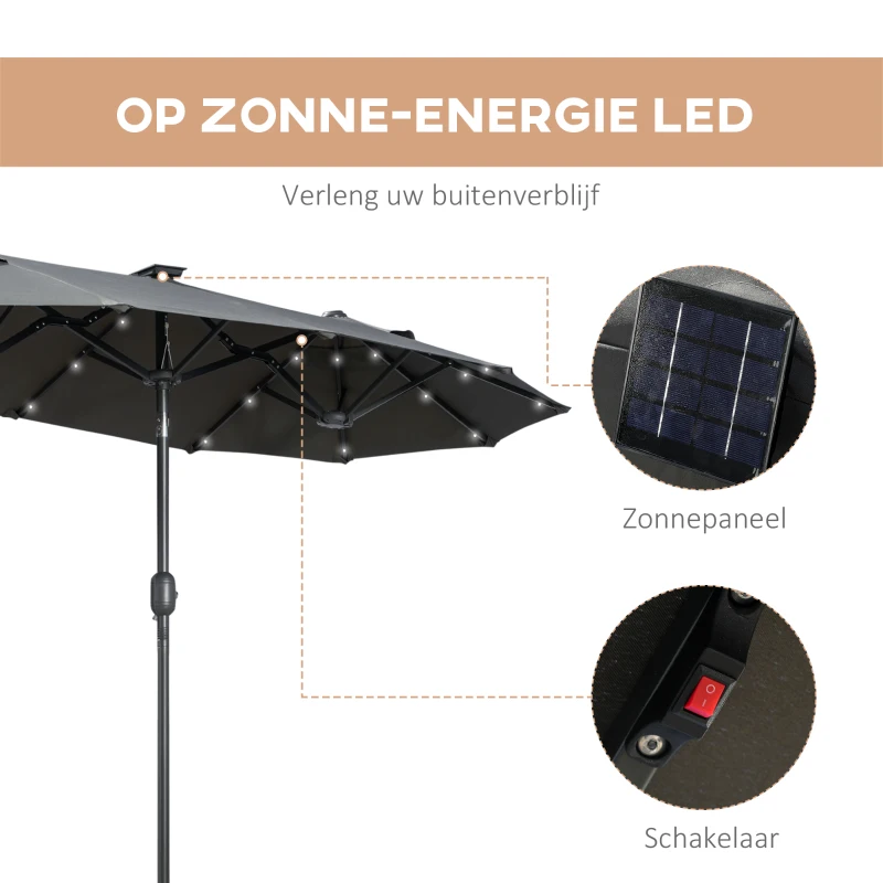 Outsunny dubbele zonwering, terrasscherm, kantelbaar, met zonnepaneel, 35 LED's, stalen frame, grijs, 2,95 x 1,50 x 2,19 m