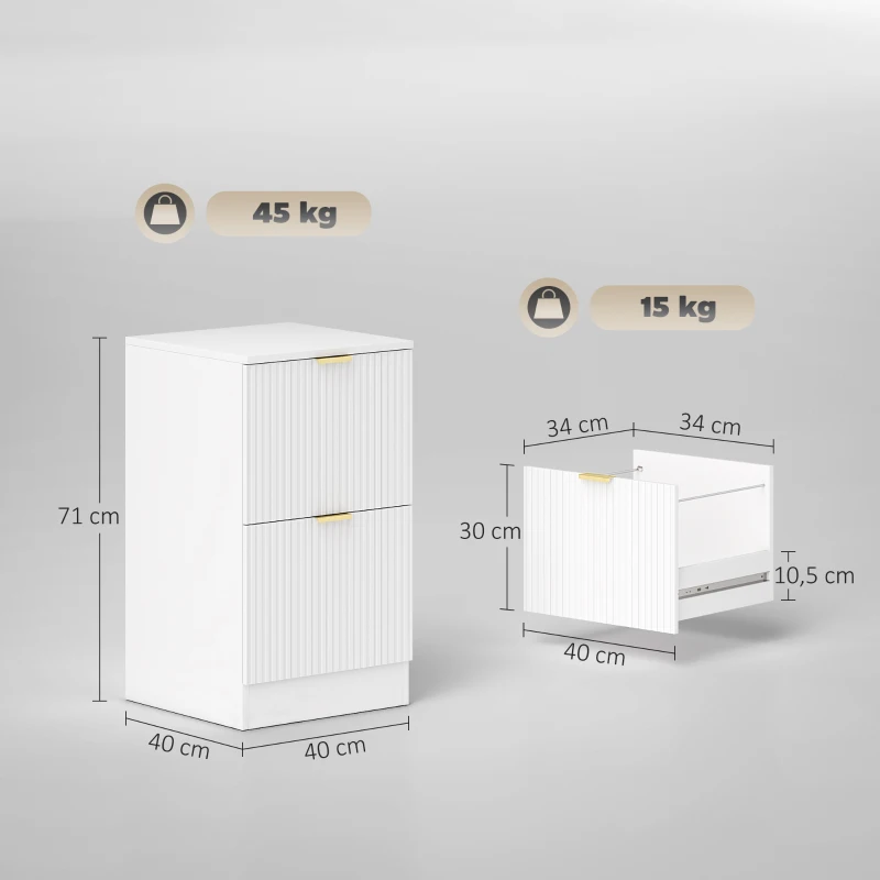 HOMCOM Caisson de Bureau avec 2 Tiroirs Façades Cannelées Meuble Classeur pour Format A4 ou Lettre 40x40x71 cm Blanc