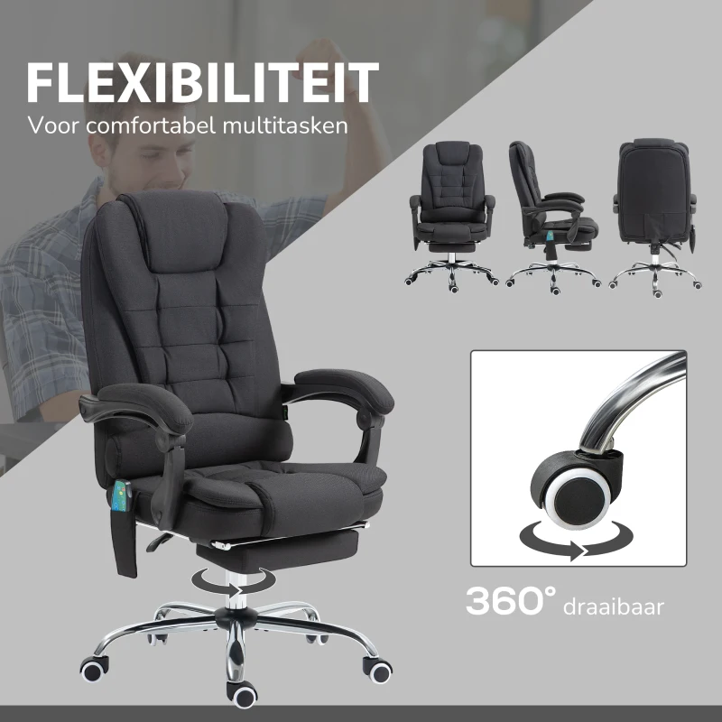 Vinsetto Bureaustoel met Massage- en Verwarmingsfunctie, Ergonomisch, Hoogteverstelbaar, Zwart(m-7)