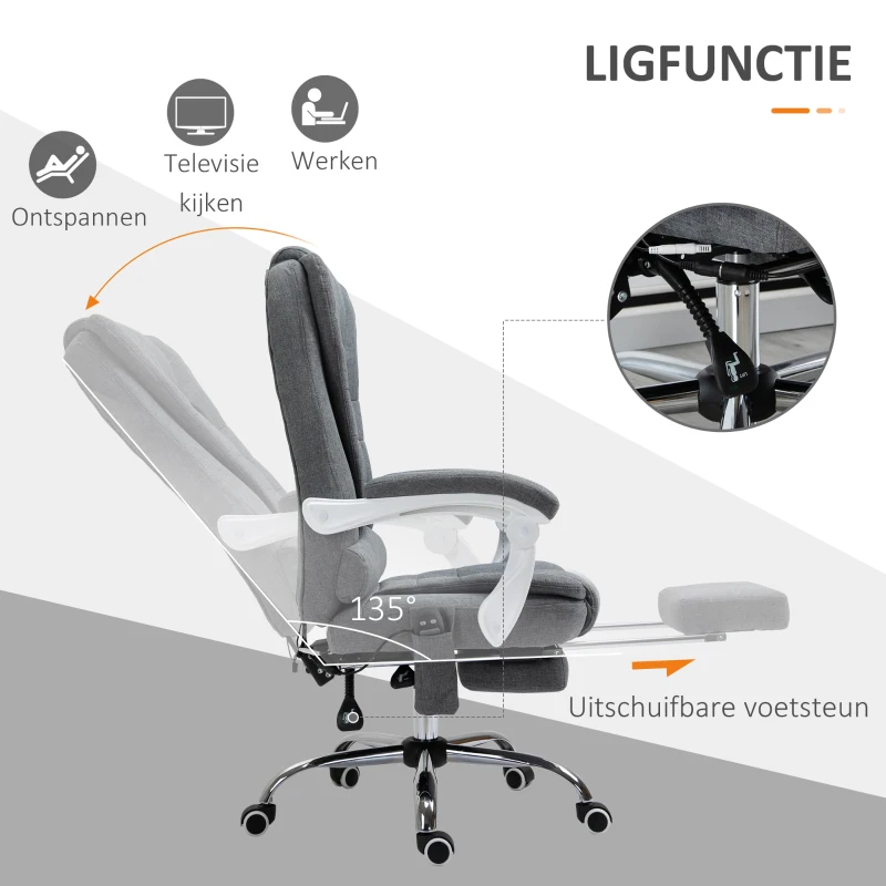 Vinsetto Ergonomische Massagestoel, 6 Vibratiepunten, Verstelbare Rugleuning, 360° Draaistoel, Grijs(m-5)