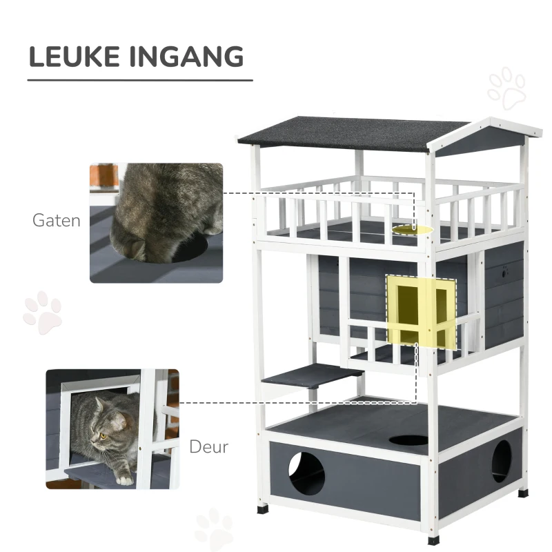 PawHut Kattenhuis voor buiten 4 Verdiepingen Met Balkon Asfaltdak Hout voor Dierenliefhebbers Grijs(m-5)