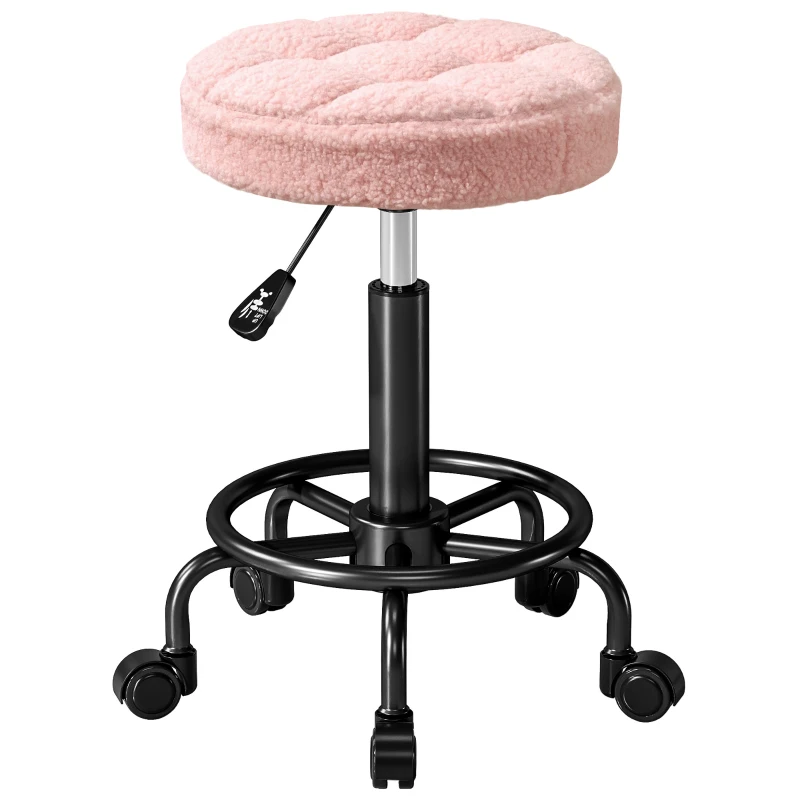 HOMCOM Taburete Giratorio Redondo Taburete con Ruedas Altura Regulable 50-66 cm Asiento Tapizado en Tejido de Borreguito Rosa