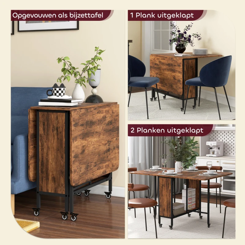 HOMCOM Opklapbare Eettafel, Mobiele Klaptafel voor 6 Personen met Opbergruimte, Draagvermogen tot 50 kg, 130 x 80 x 74 cm, Rustiek-Bruin(m-4)
