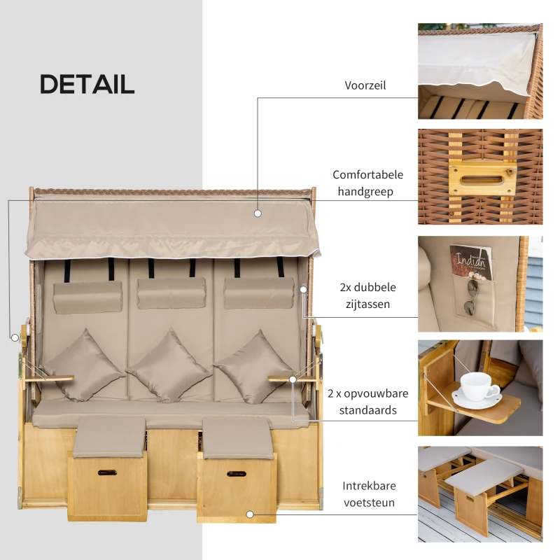 Outsunny strandstoel 3-zits ligbed met dak 2 klaptafels voetenbank chaise longue 5-traps rugleuning XXL polyrotan naturel 150 x 79 x 160 cm