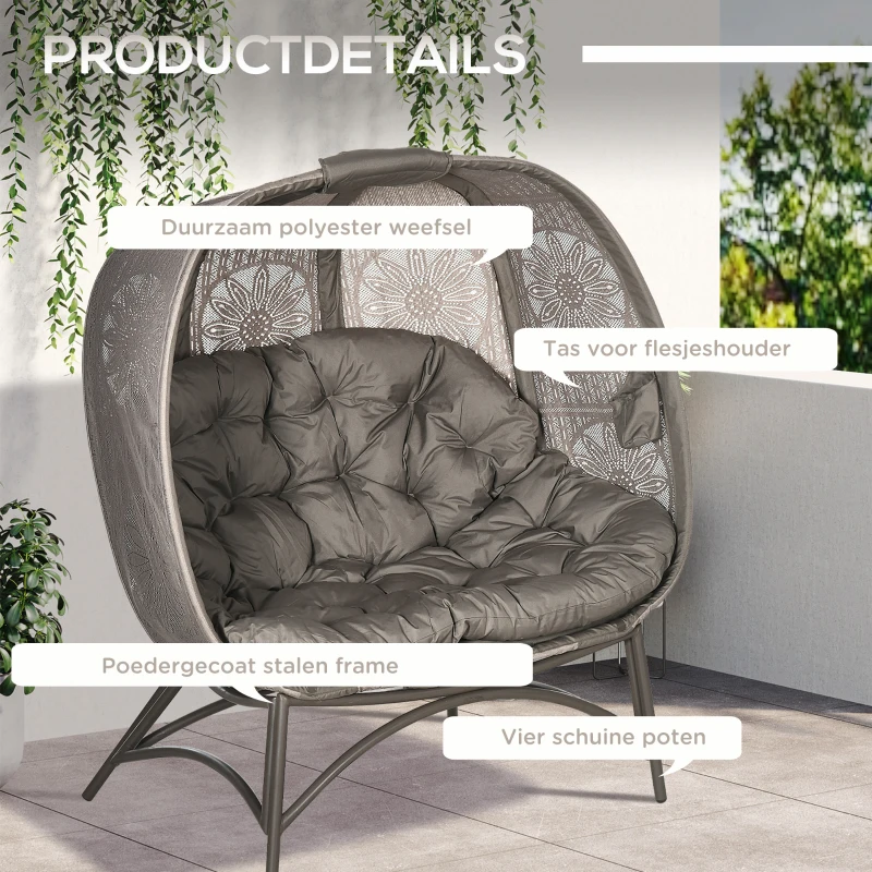 Outsunny tuinstoel 2 zits, rieten stoel met opvouwbare mand, kussens, staal