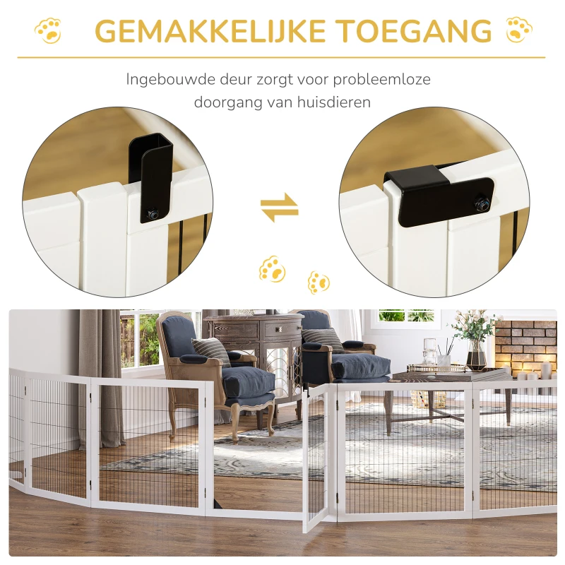 PawHut Veiligheidshek voor Honden, Opvouwbaar, 432 x 36 x 70 cm, Dennenhout, Wit(m-6)