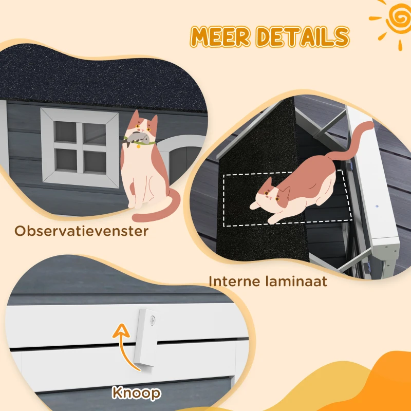 PawHut Weerbestendig kattenhuis, met venster, 77x57,5x68cm, Grijs/Zwart
