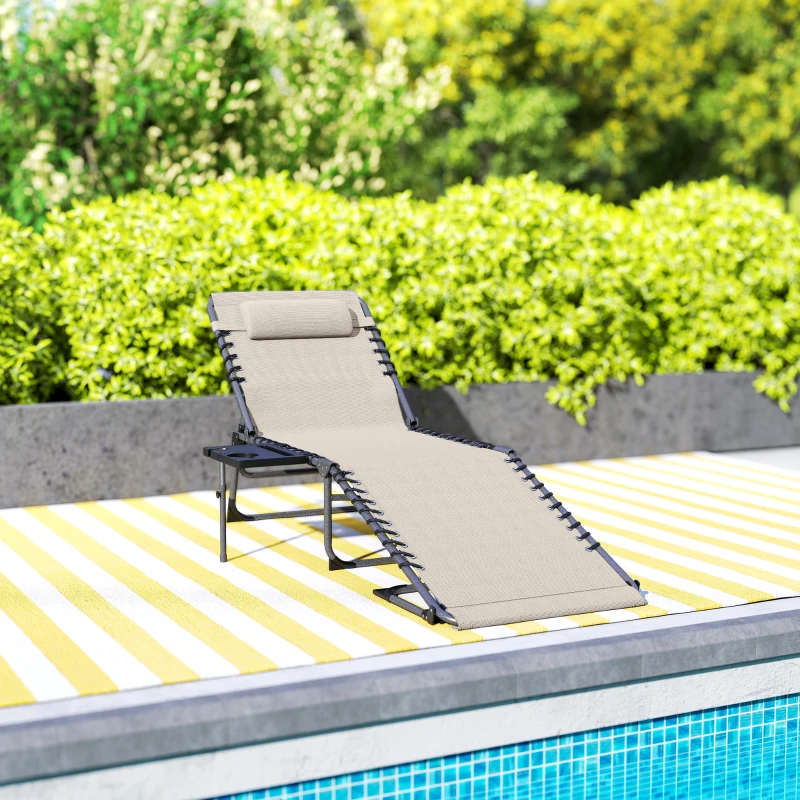 Outsunny Sdraio Pieghevole e Reclinabile a 5 Livelli con Tavolino Laterale e Tasca, 60x190x31 cm, Crema