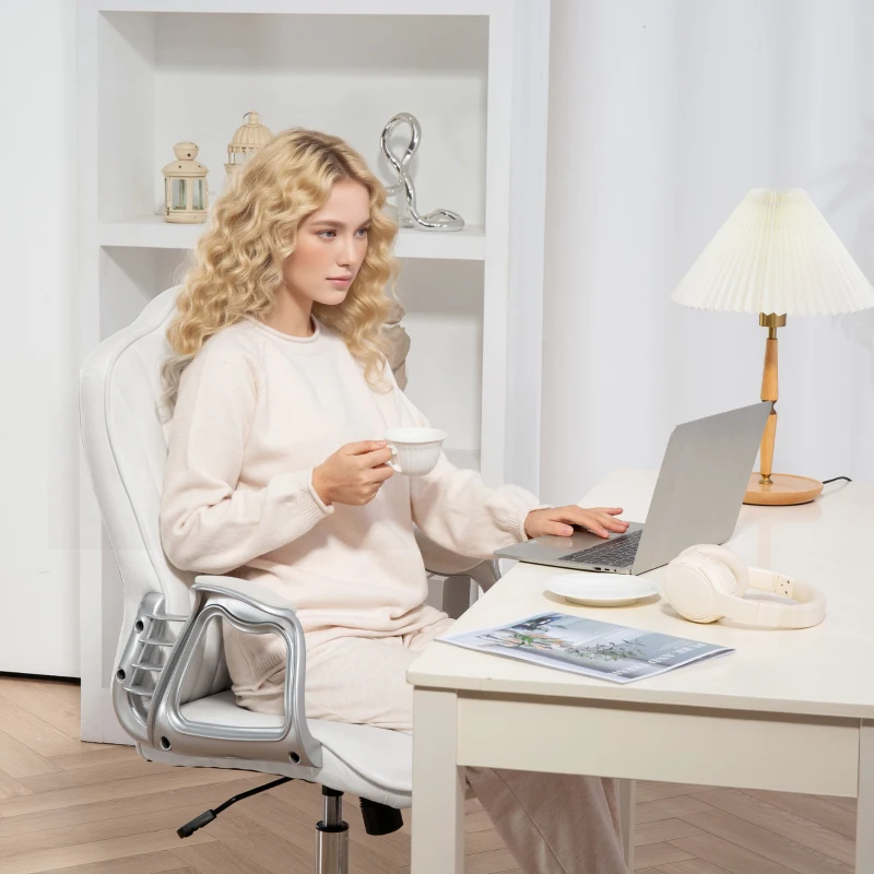HOMCOM Silla de Escritorio Giratoria con Altura Ajustable Reposabrazos Respaldo Curvado Función de Basculante Blanco