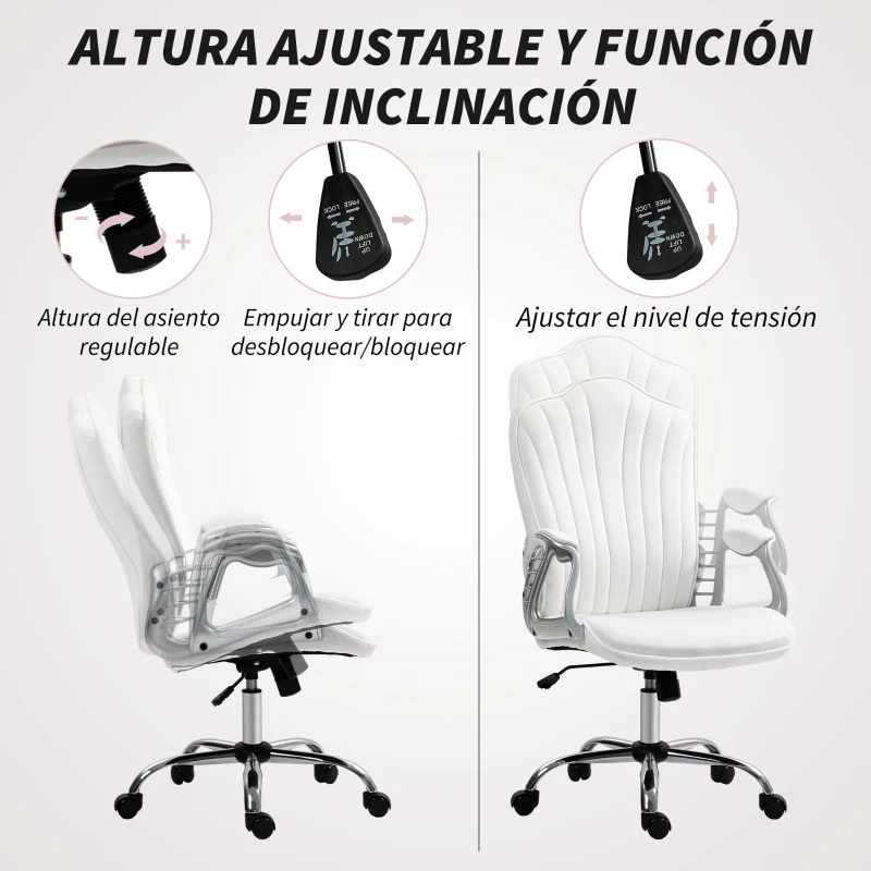 HOMCOM Silla de Escritorio Giratoria con Altura Ajustable Reposabrazos Respaldo Curvado Función de Basculante Blanco
