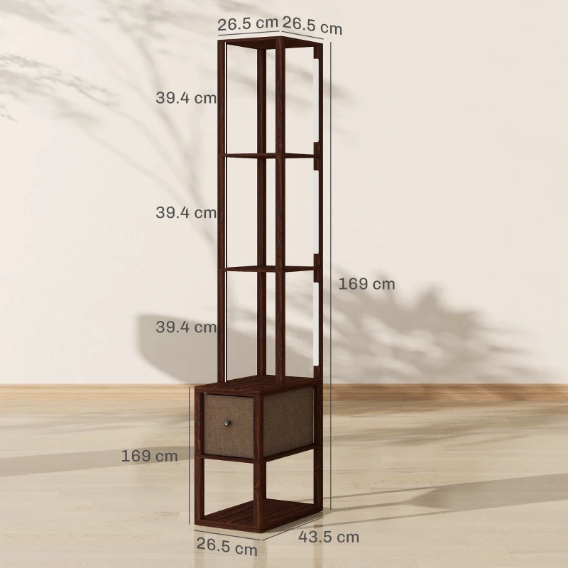 HOMCOM Floor Lamp with Shelves, LED Column Modern Standing Lamp with Fabric Drawer, Adjustable Brightness, Foot Switch for Living Room, Bedroom, Office, Dark Brown