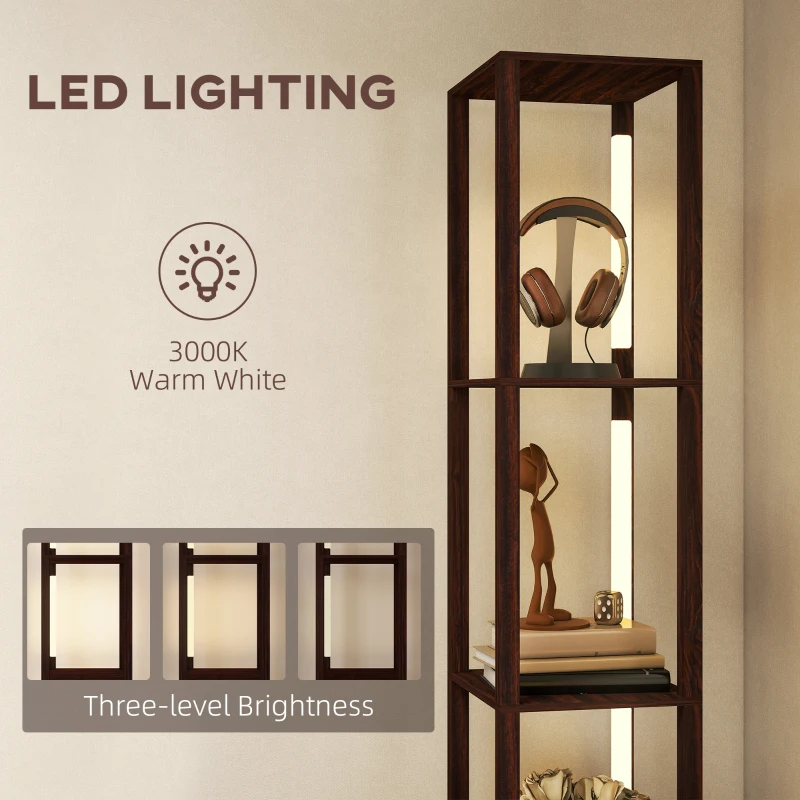 HOMCOM Floor Lamp with Shelves, LED Column Modern Standing Lamp with Fabric Drawer, Adjustable Brightness, Foot Switch for Living Room, Bedroom, Office, Dark Brown