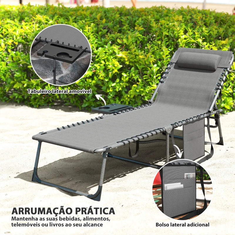 Outsunny Espreguiçadeira Dobrável Espreguiçadeira Jardim com Encosto Ajustável Apoio de Cabeça Bolsa Lateral Bandeja 190x60x31 cm Cinza