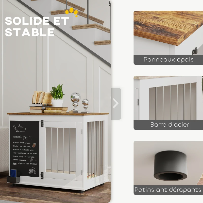 PawHut Cage pour chien cage chien intérieur avec 2 portes tableau noir pour chiens taille moyenne 20 kg 80 x 60 x 70 cm blanc