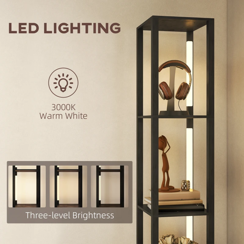 HOMCOM Floor Lamp with Shelves, LED Column Modern Standing Lamp with Fabric Drawer, Adjustable Brightness, Foot Switch for Living Room, Bedroom, Office, Black