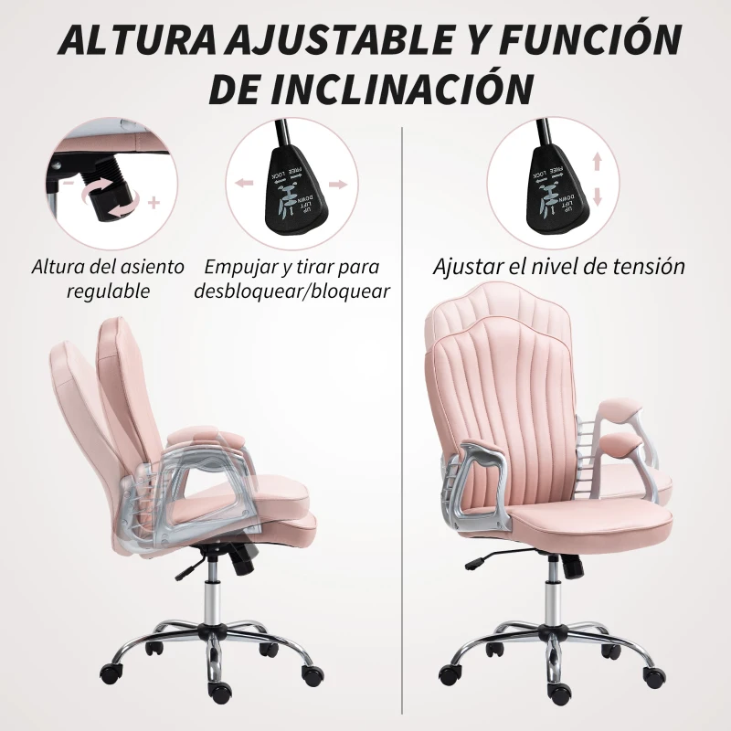 HOMCOM Silla de Escritorio Giratoria con Altura Ajustable Reposabrazos Respaldo Curvado Función de Basculante Rosa