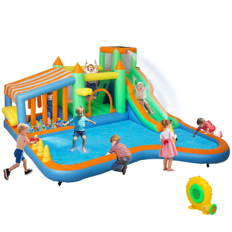 AIYAPLAY 8 in 1 Inflatable Bounce House with 680W Blower, Slide, 2 Pools, Basketball Hoop, Climbing Wall, Water Gun, Ring Toss