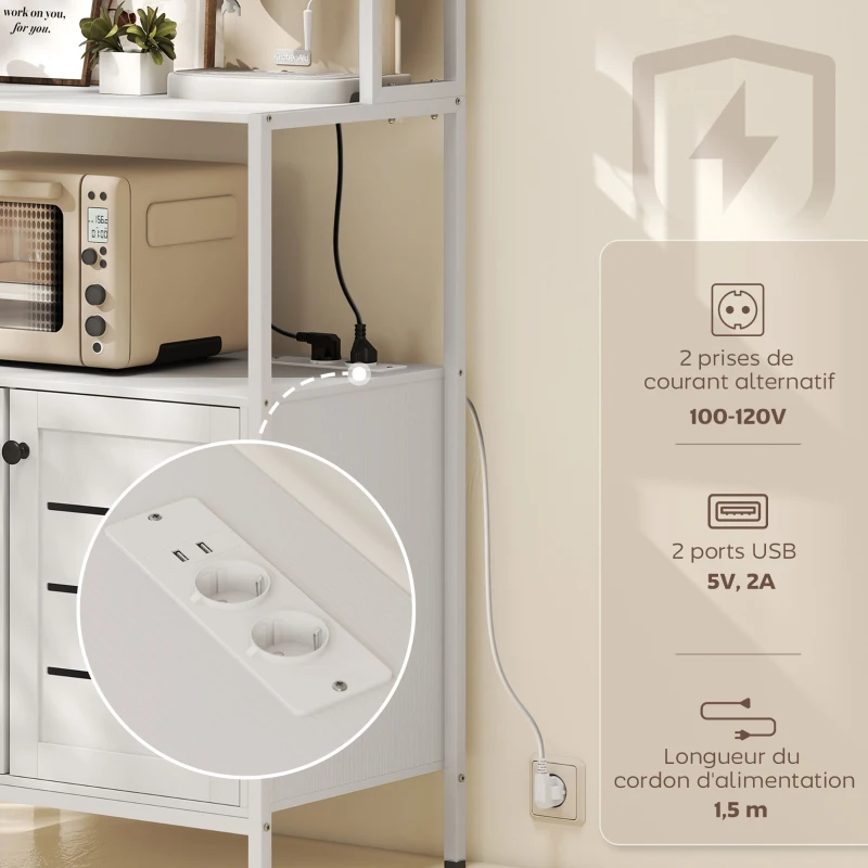 HOMCOM Étagere cuisine meuble micro-onde avec multiprise, double porte à persiennes, compartiments ouverts, 80x42x171cm, blanc