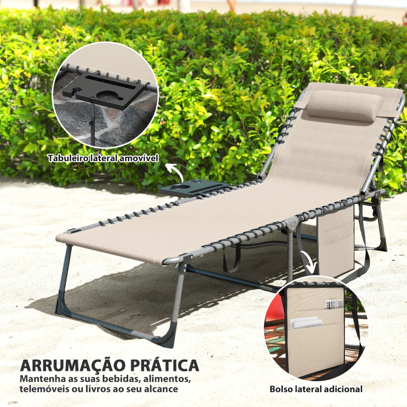 Outsunny Espreguiçadeira Dobrável Espreguiçadeira Jardim com Encosto Ajustável Apoio de Cabeça Bolsa Lateral Bandeja 190x60x31 cm Creme